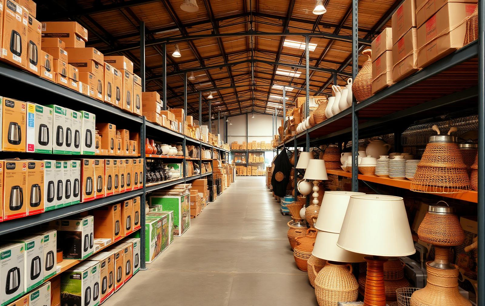 Warehouse aisles stacked with boxed small kitchen appliances, lamps and ceramic homeware